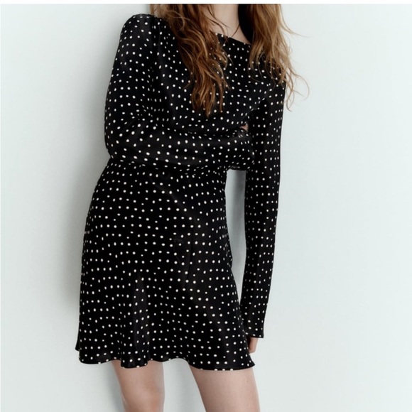 NWT ZARA POLKA DOT SATIN DRESS BLACK/WHITE SIZE XS NWT - Picture 2 of 2